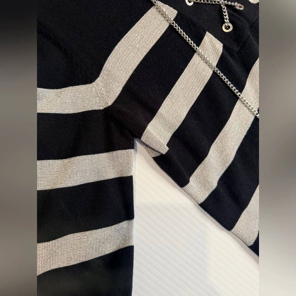 MICHAEL KORS Black Silver Striped Tunic Sweater Chain Lace-Up - Size M